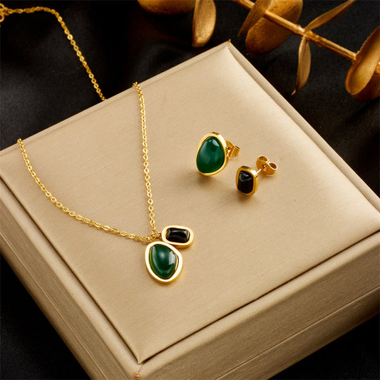 14K gold vintage earrings necklace peacock pendant set