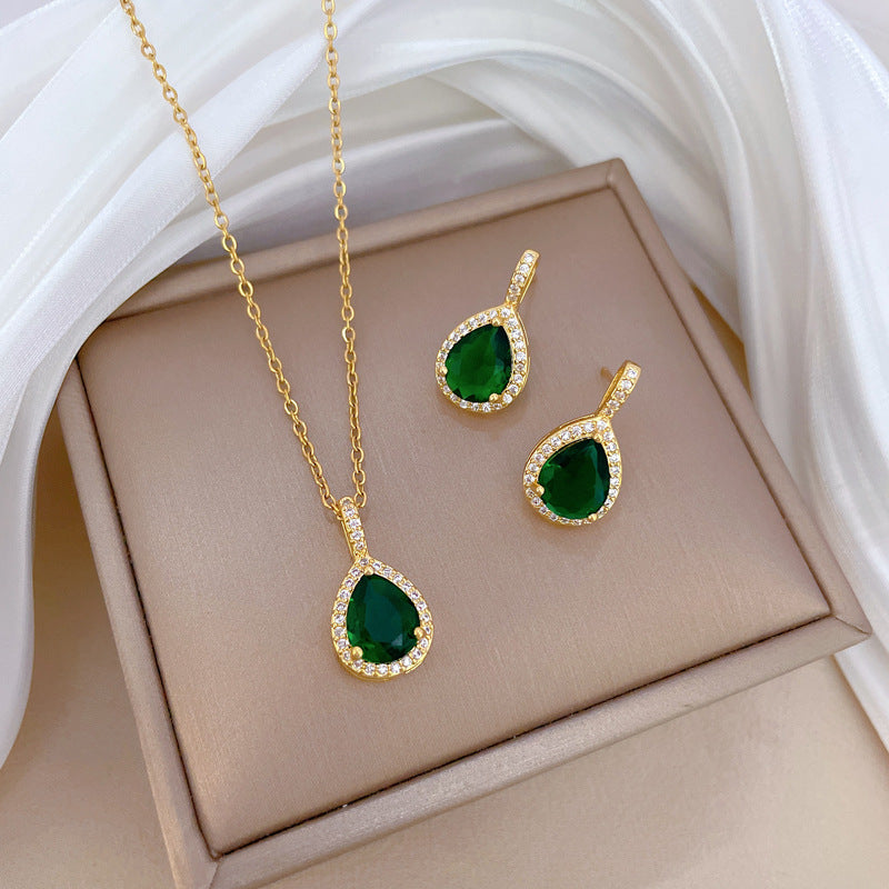 14K gold water drop zircon micro-inlaid necklace earrings set