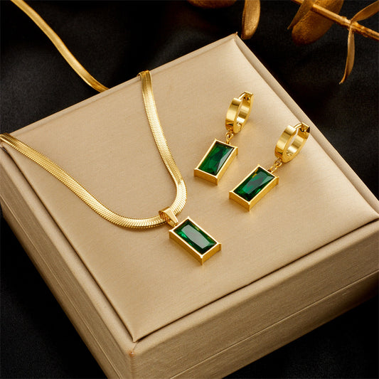 14K gold emerald diamond clavicle chain earrings set