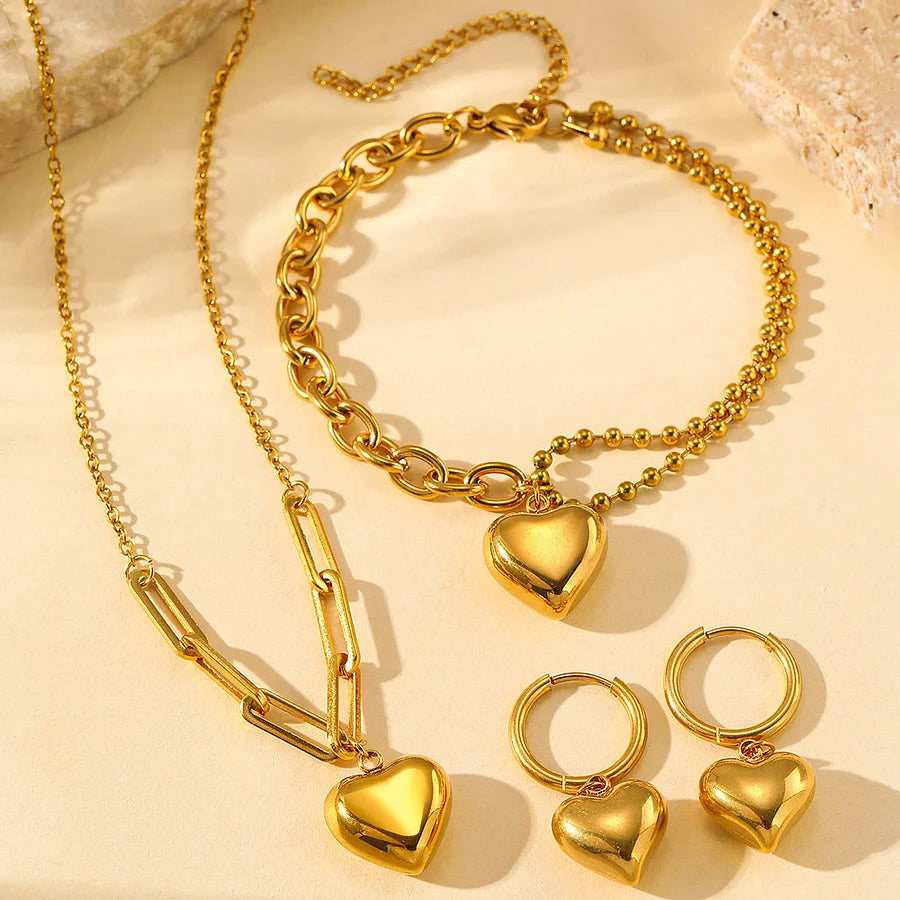 14K gold personalized fashion heart necklace bracelet earrings set