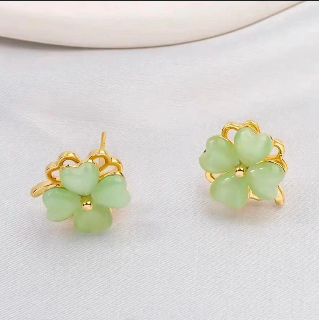 14k Gold Green Cat's Eye Stone Clover Stud Earrings Necklace Ring