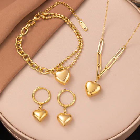 14K gold personalized fashion heart necklace bracelet earrings set