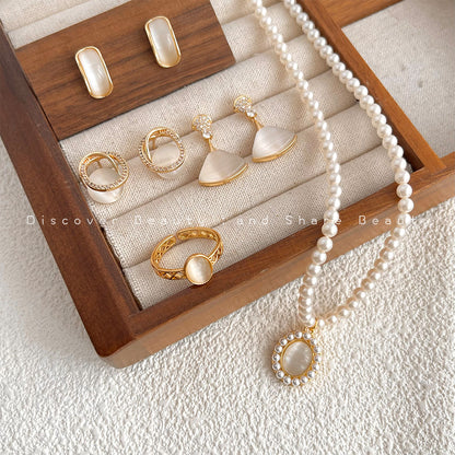 14K Gold Cat's Eye Earrings Finger Ring Pearl Necklace Set