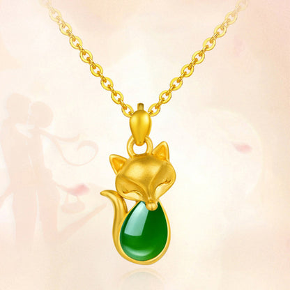 14K Gold Fox Green Chalcedony Necklace