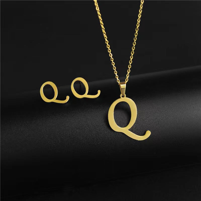 14K Gold 26 Letter Necklace Earrings