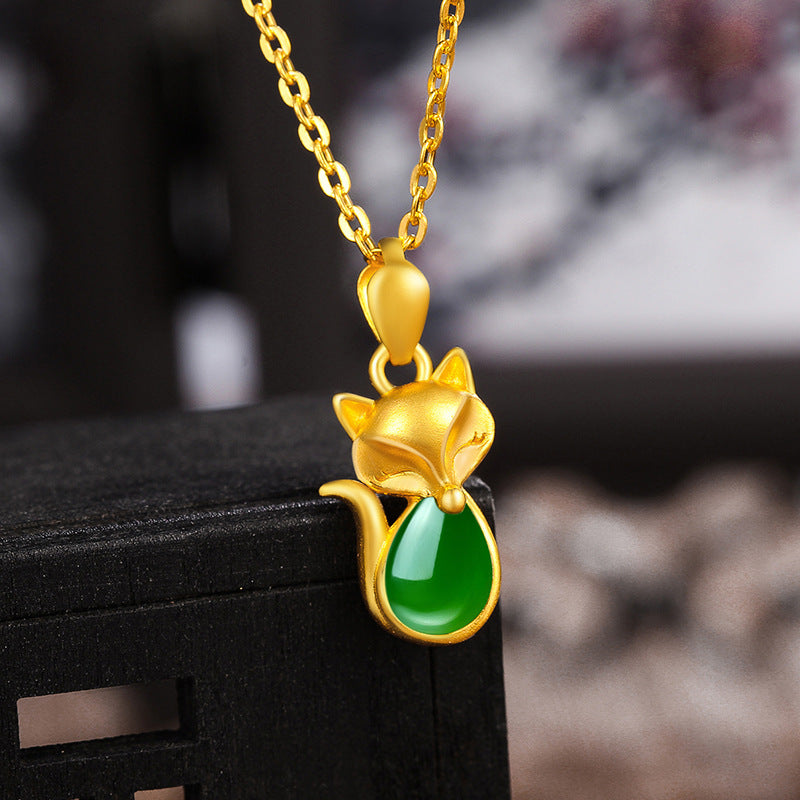 14K Gold Fox Green Chalcedony Necklace