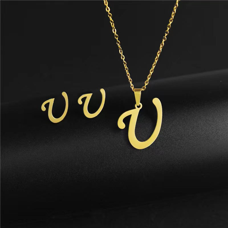 14K Gold 26 Letter Necklace Earrings