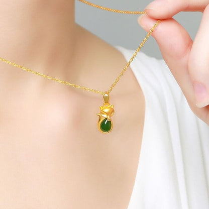 14K Gold Fox Green Chalcedony Necklace