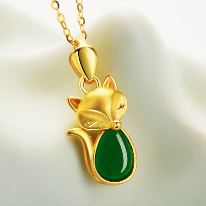 14K Gold Fox Green Chalcedony Necklace