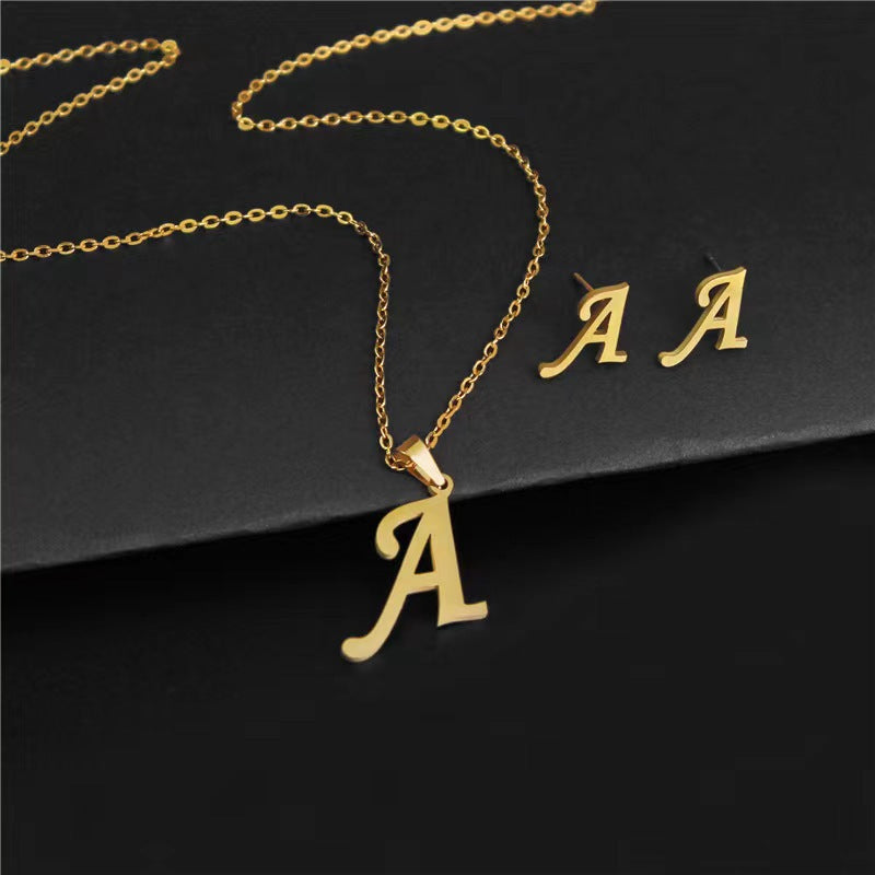 14K Gold 26 Letter Necklace Earrings