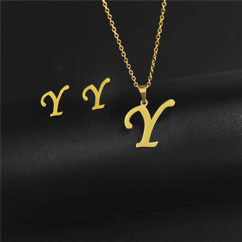 14K Gold 26 Letter Necklace Earrings