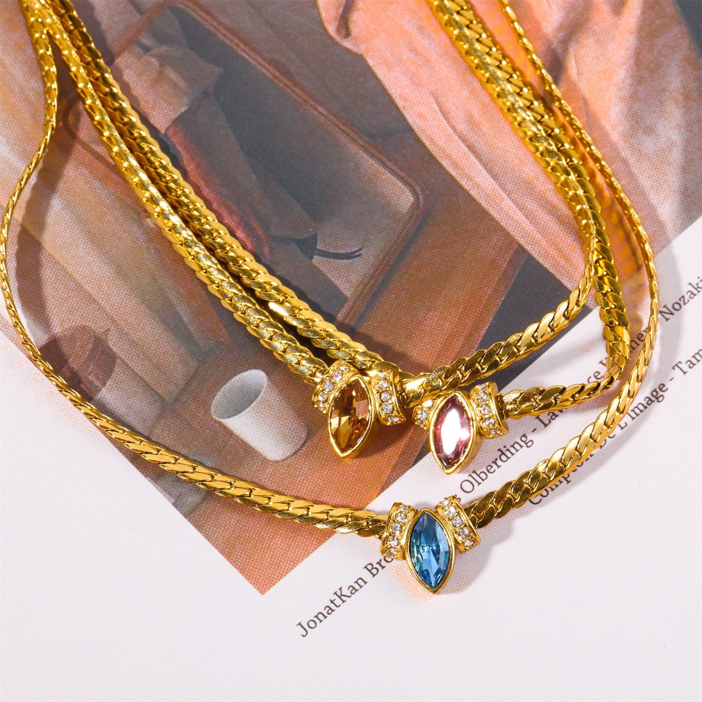 14k Gold Gemstone Necklace with Snake Fashion Choker Chain