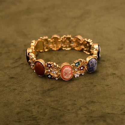 14K Gold Cameo Carved Natural Stone Relief Enamel Women's Bracelet