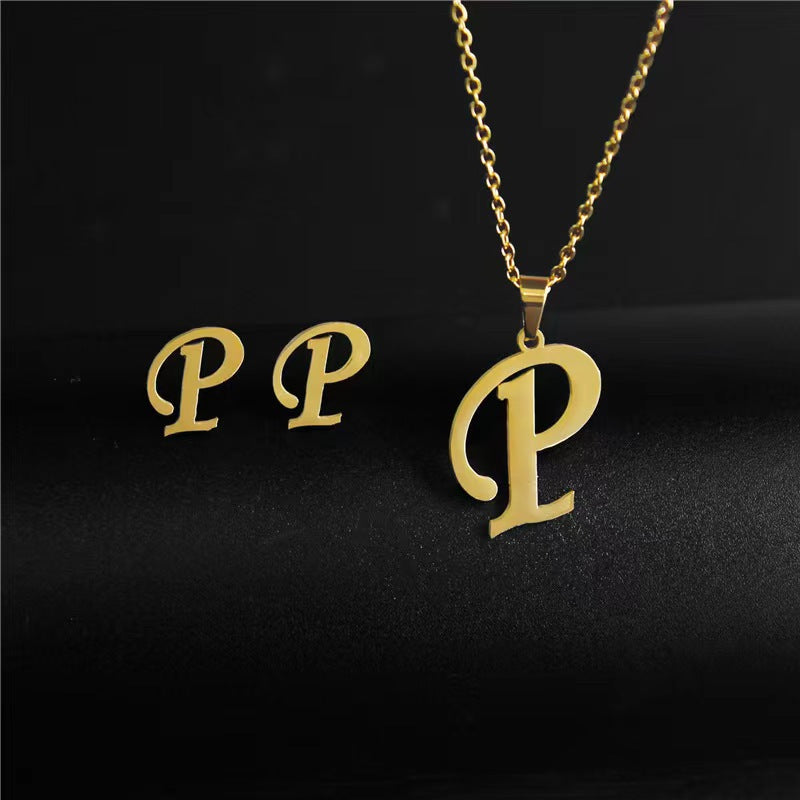 14K Gold 26 Letter Necklace Earrings