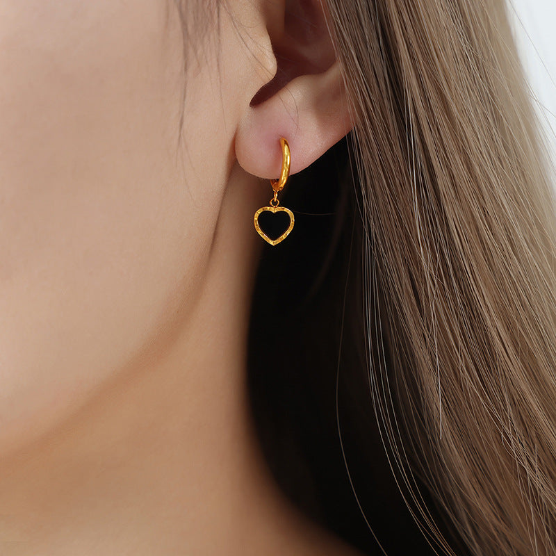 14K gold black drop glaze peach heart earrings