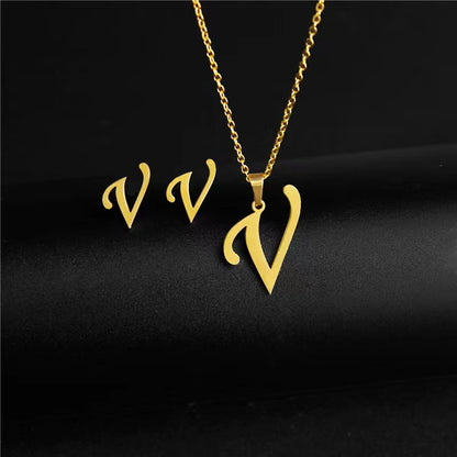 14K Gold 26 Letter Necklace Earrings