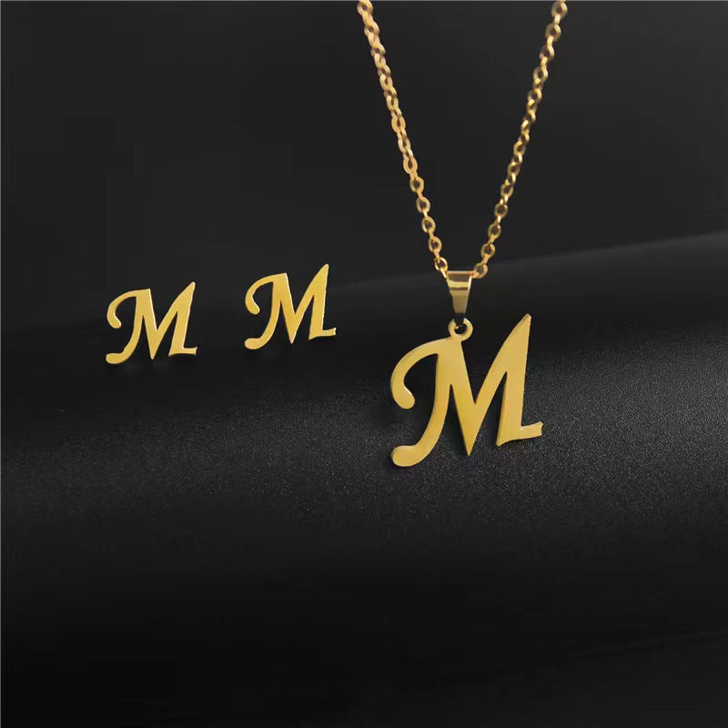 14K Gold 26 Letter Necklace Earrings