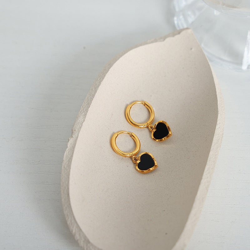 14K gold black drop glaze peach heart earrings