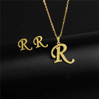 14K Gold 26 Letter Necklace Earrings