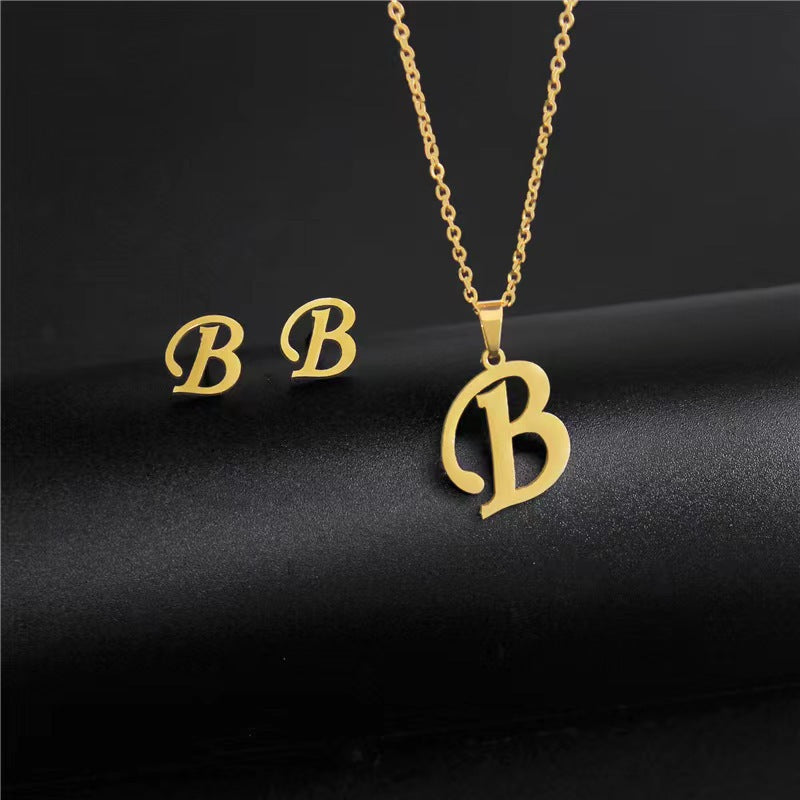 14K Gold 26 Letter Necklace Earrings