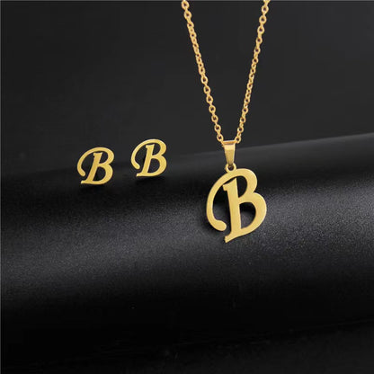 14K Gold 26 Letter Necklace Earrings