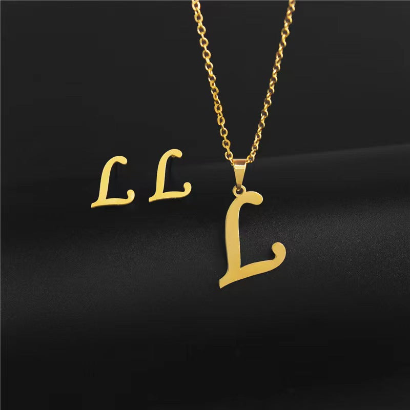 14K Gold 26 Letter Necklace Earrings